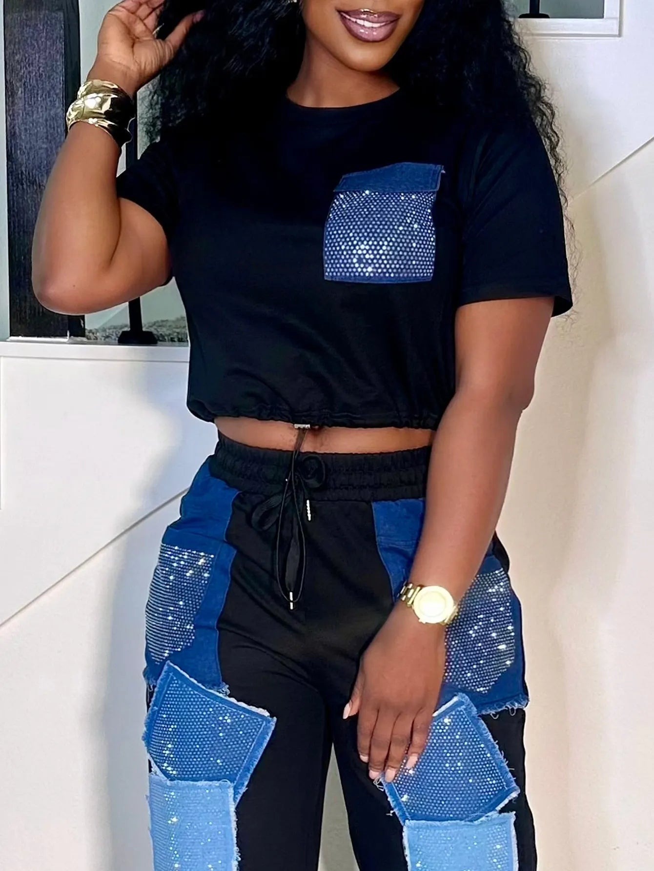 Women's Casual Black Crop Top or  Pants Set with Denim Rhinestone Patches