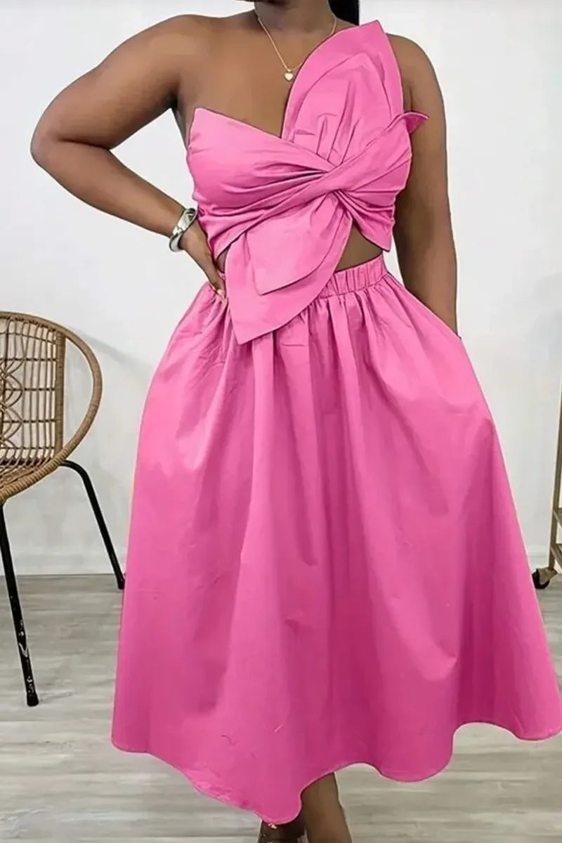 Women's Barbie Style Pink One-Shoulder Crop Top or A-Line Midi Skirt
