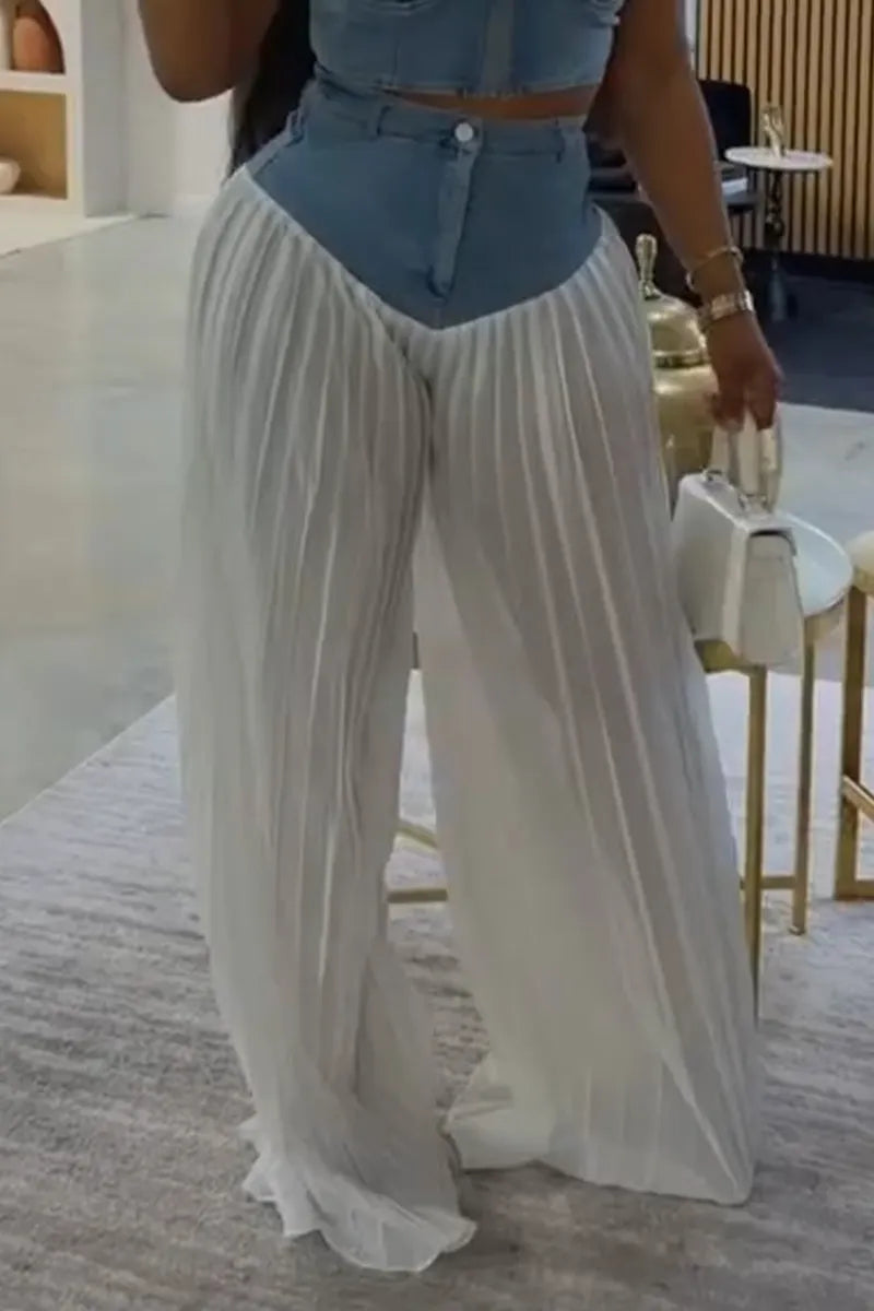 Women Camisole Denim Top or Patchwork Pleated Pants Casual Set