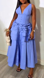 Women V-neck Waist Cinching Solid Color Elegant Temperament Dress