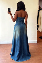 Women's Casual Strapless Patchwork Distressed Denim Maxi Dress with High Slit Frayed Hem