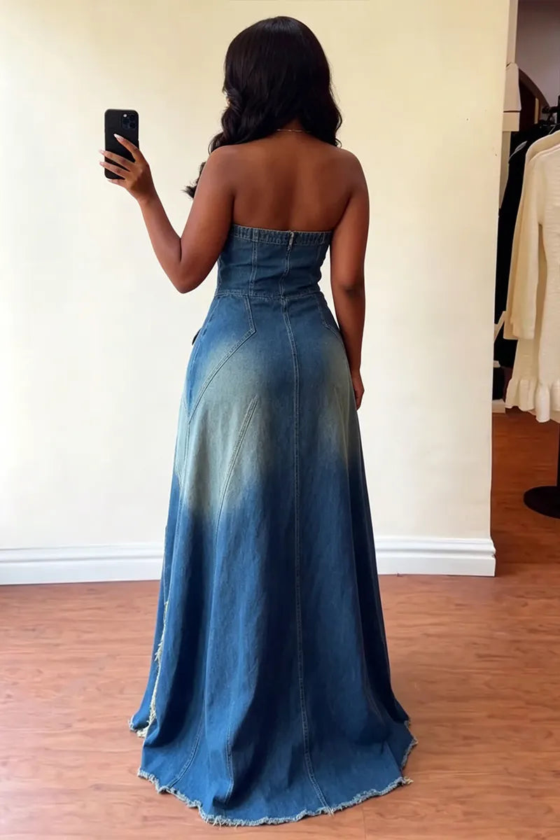 Women's Casual Strapless Patchwork Distressed Denim Maxi Dress with High Slit Frayed Hem