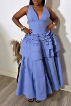 Women's Elegant V Neck Tiered Flounce-Hem Dress