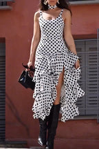 Women's Fashion Tiered Slit Hem Polka Dot Dress with Tie