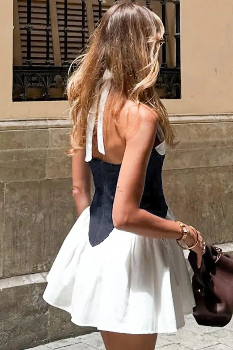 Women's Two-Tone Halter Corset Style Mini Dress With Flared Skirt