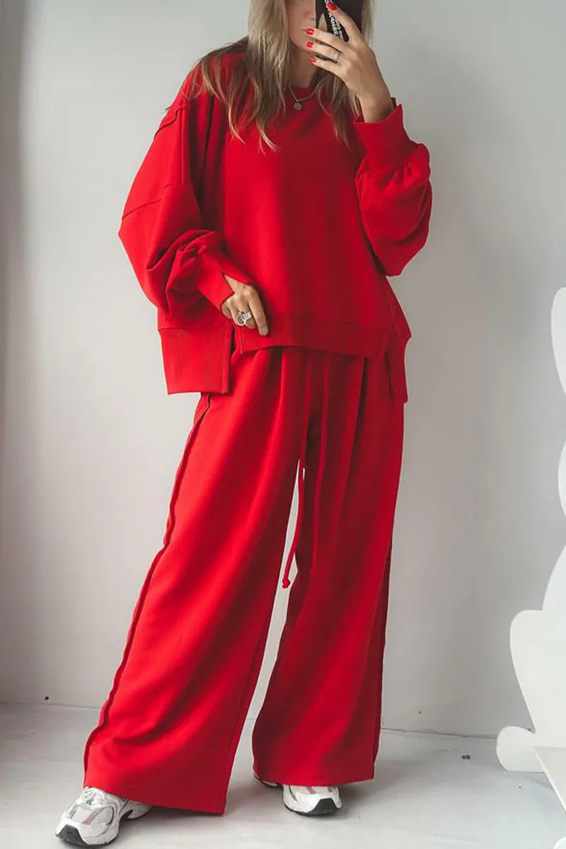 Women Round Neck Spliced Sweatshirt + Drawstring Pants Casual Set