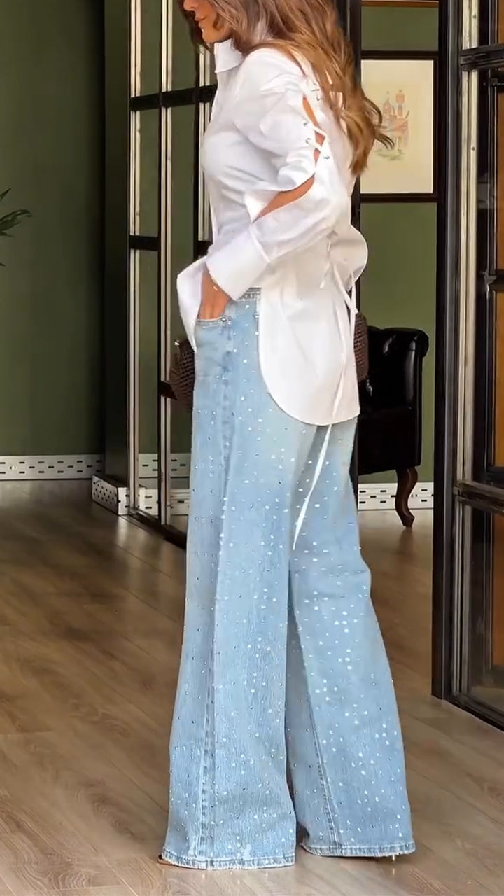 Women Collar Back Hollow Strap Design Shirt + Rhinestone Washed Denim Jeans