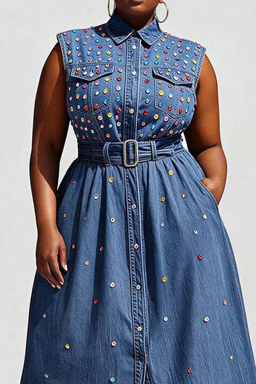 Ladies' Party Casual Blue Shirt Collar Perforated Pocket Denim Mid Length Dress