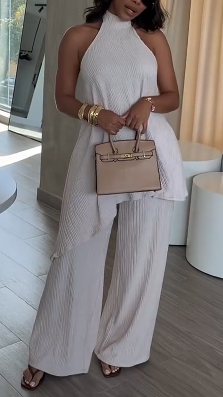 Women Neck Hanging Sleeveless Irregular Top + Pants Solid Color Casual Suit