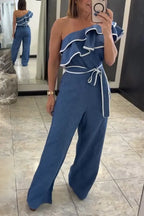 Women's Casual One-Shoulder Flounce Wide Leg Jumpsuit