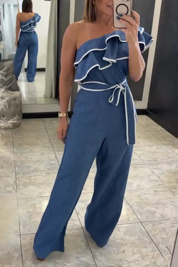 Women's Casual One-Shoulder Flounce Wide Leg Jumpsuit