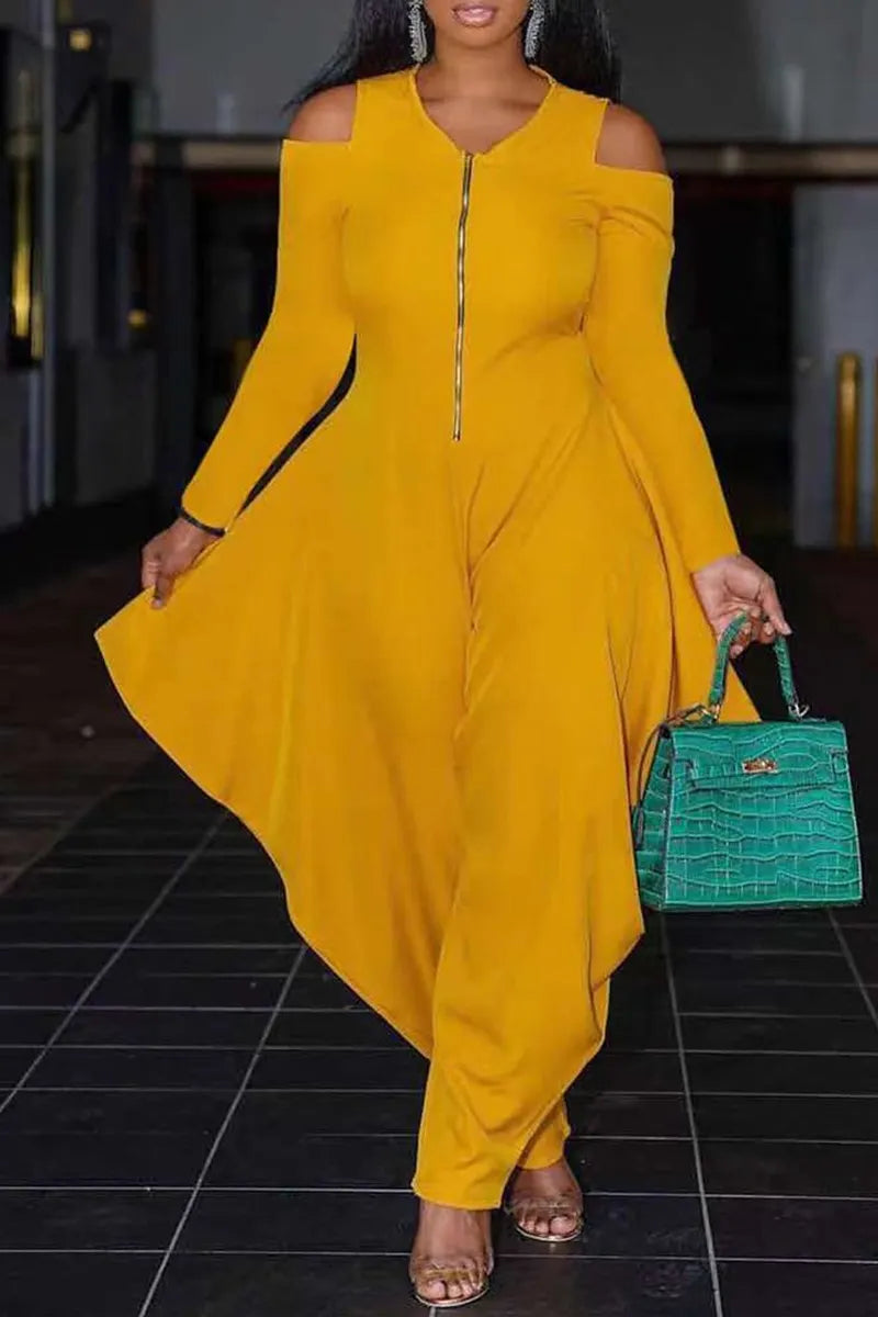 Women's Elegant Long-Sleeve Jumpsuit with Cut-Out Shoulders & Asymmetrical Pants