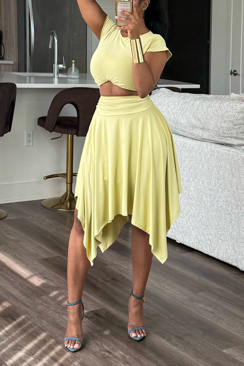 Women's Casual Short Sleeve Crop Top and Asymmetric Hem Midi Skirt