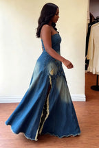 Women's Casual Strapless Patchwork Distressed Denim Maxi Dress with High Slit Frayed Hem