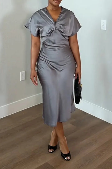 Women V-neck Waist Cinched Satin Solid Color Elegant Casual Dress