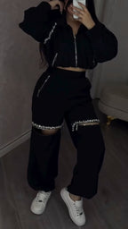 Women Round Neck Jacket+ Spliced Zipper Pants Casual Set