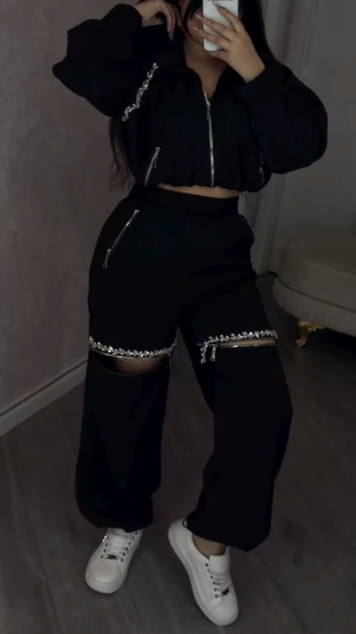 Women Round Neck Jacket+ Spliced Zipper Pants Casual Set