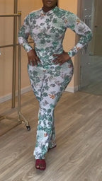Women Round Neck Printed Long Sleeved Top + Pants Casual Suit