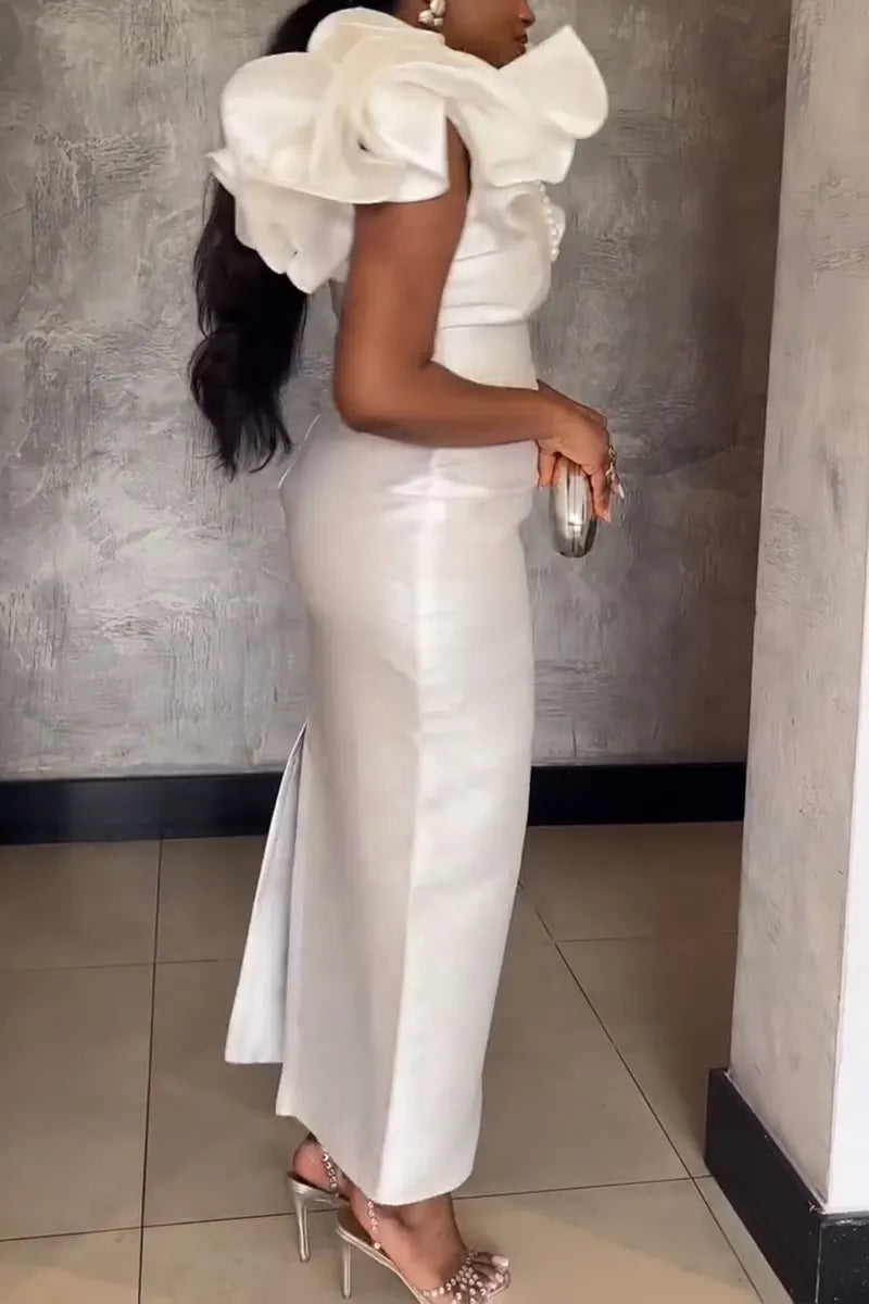 Women's Elegant Flounce-Sleeve Beaded Maxi Dress