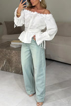 Women Casual One-piece Collar Patchwork Lace Patterned Top or Washed Patchwork Jeans