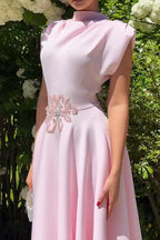 Women's Elegant Wide Shoulder Beaded A Line Midi Dress