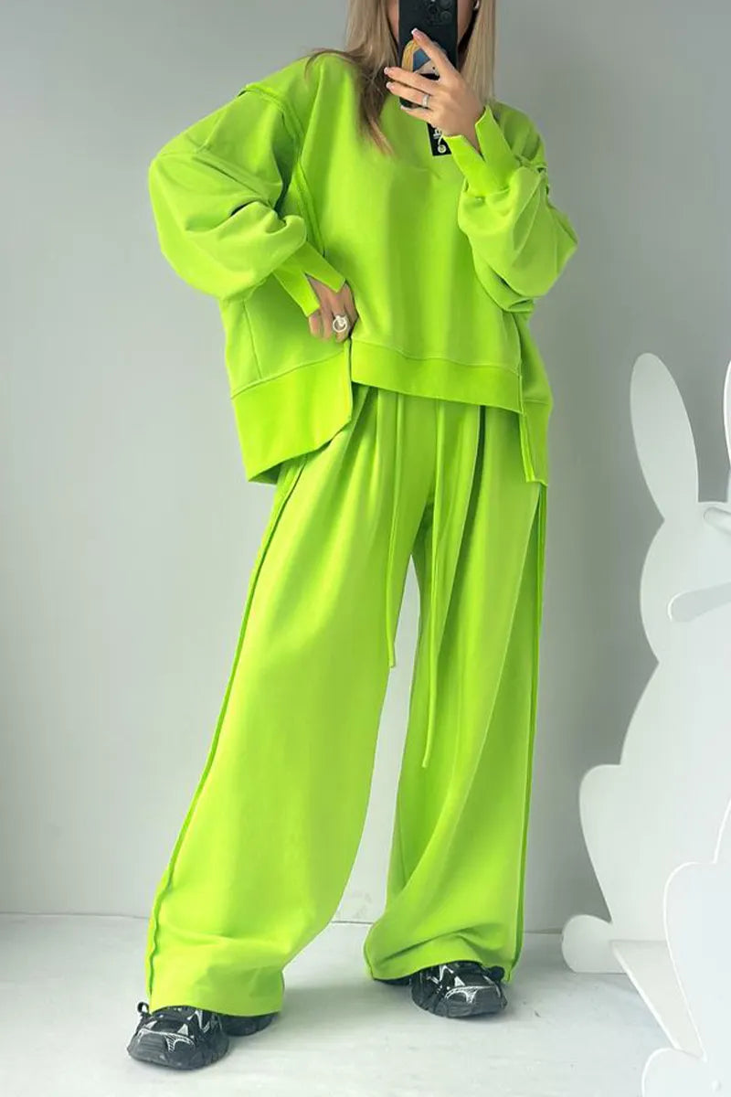 Women Round Neck Spliced Sweatshirt + Drawstring Pants Casual Set