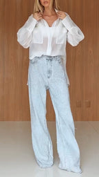 Women Collar See Through Shirt+ Rhinestone Jeans Casual Set