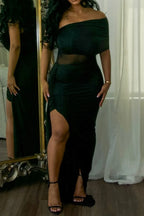 Women's Casual Off Shoulder Ruched Maxi Dress with Mesh Panel and High Side Slit