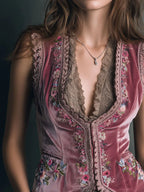 Vintage Dusty Rose Velvet Embroidered Vest With Lace Trim