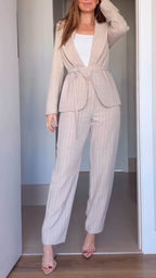 Women Collar Vertical Stripe Jacket+ Pants Temperament Commuting Suit