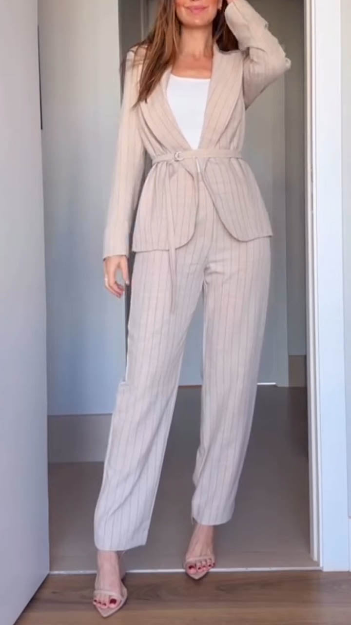 Women Collar Vertical Stripe Jacket+ Pants Temperament Commuting Suit