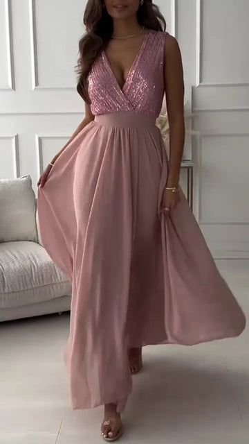 Women Deep V-neck Patchwork Sequin Elegant Temperament Dress