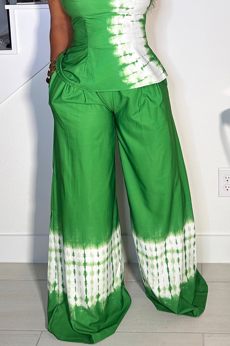 Women's Casual Green Tie-Dye Co-Ord Set: Halter Corset Top or  Wide Leg Pants