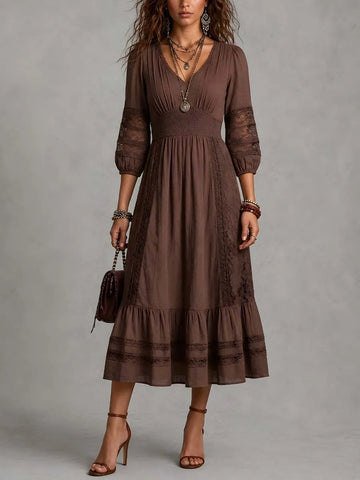 Vintage Smocked Waist Lace Details Cotton-linen Midi Dress