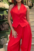 Women's Sleeveless Button-Up Top  Vest Or Loose Cropped Pants