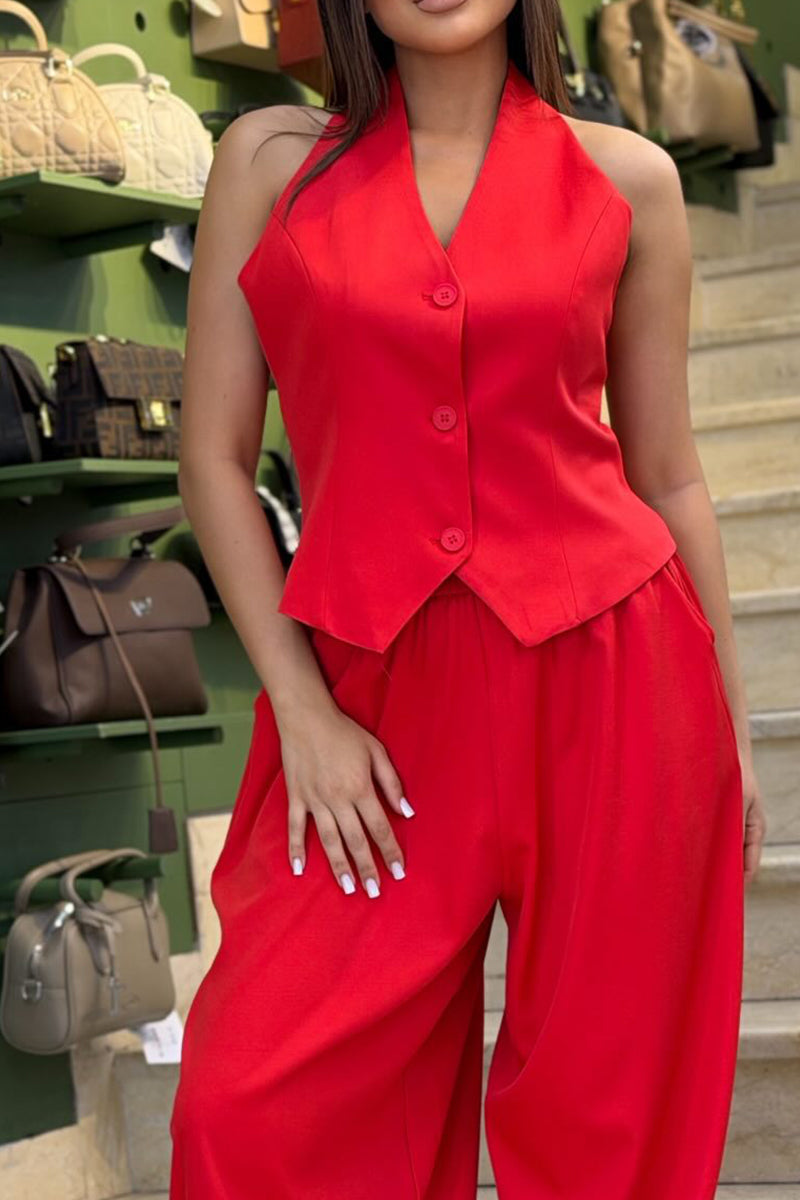Women's Sleeveless Button-Up Top  Vest Or Loose Cropped Pants