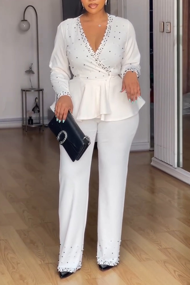 Women's Elegant V-Neck Beaded Flounce Shirts & Pants