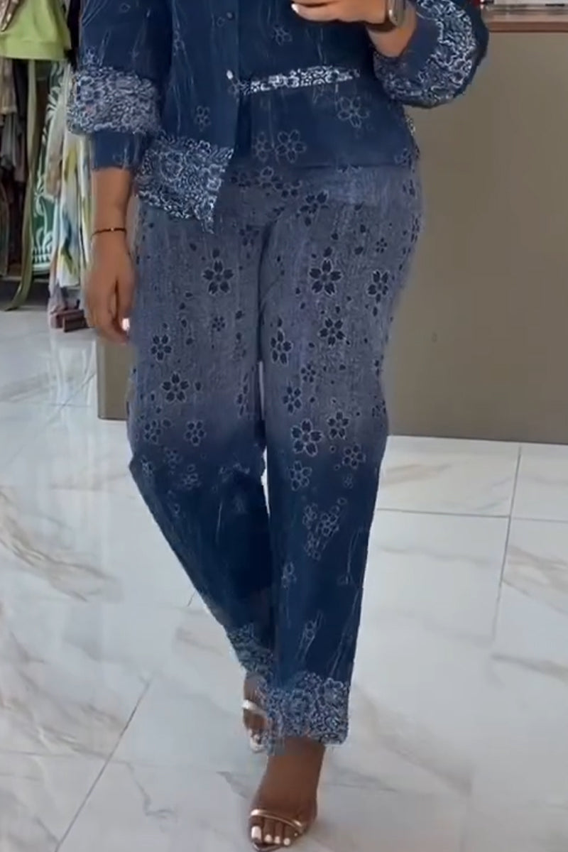 Women Collar Gradient Printed Shirt + Pants Casual Set