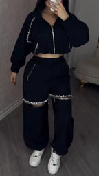 Women Round Neck Jacket+ Spliced Zipper Pants Casual Set