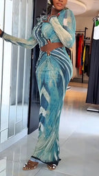 Women Round Neck Long Sleeved Dyed Top + Half Skirt Elegant Casual Suit