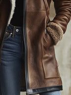 Women's Vintage Contrast Lambskin Collar Faux Leather Coat