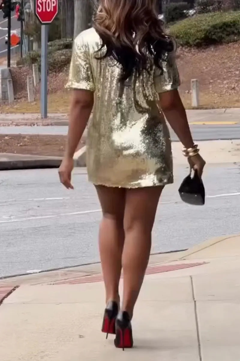 Women's Casual Sequin Short Sleeve Mini Dress