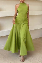 Women Neck Hanging Solid Color Waist Cinching Elegant Temperament Dress