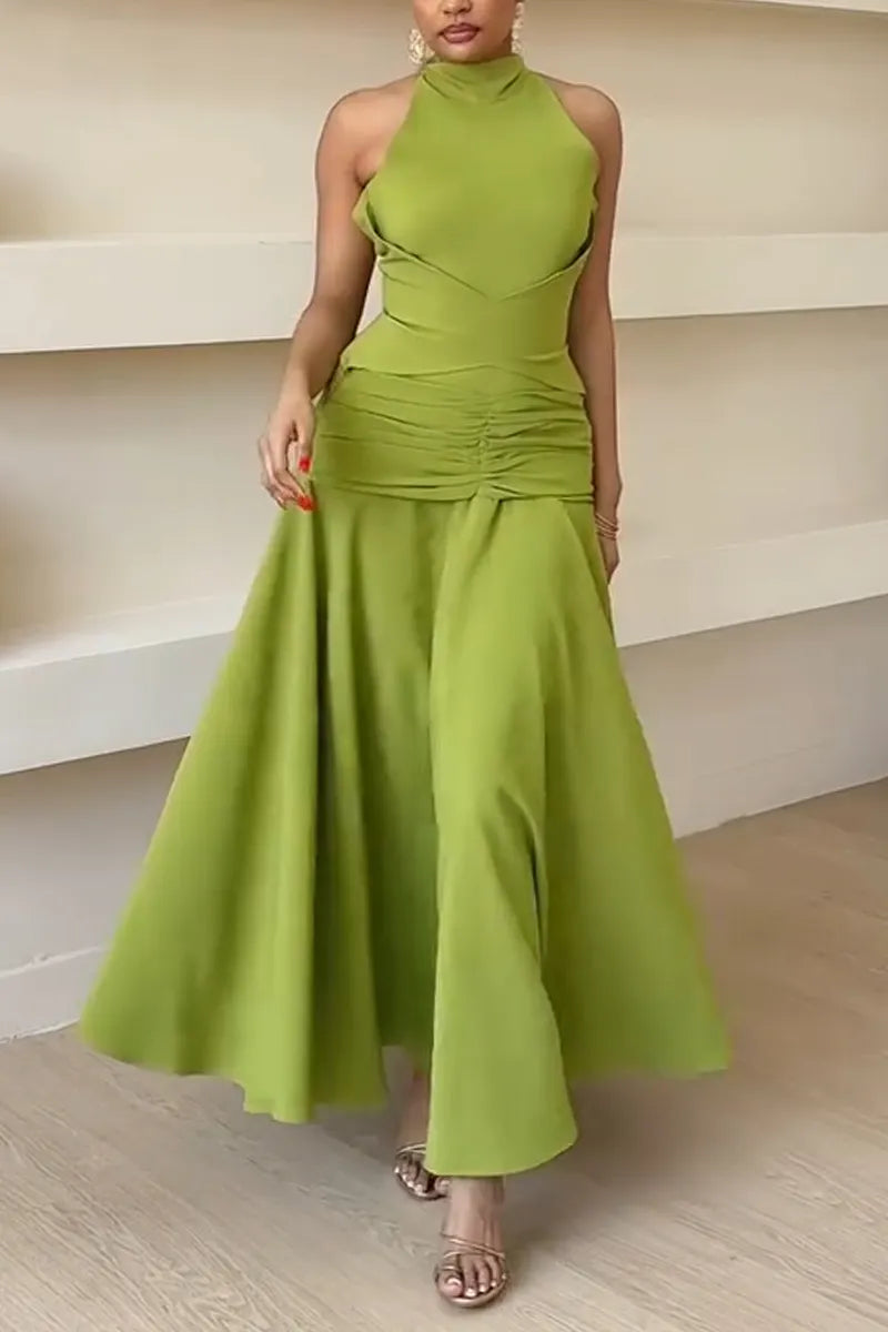 Women Neck Hanging Solid Color Waist Cinching Elegant Temperament Dress