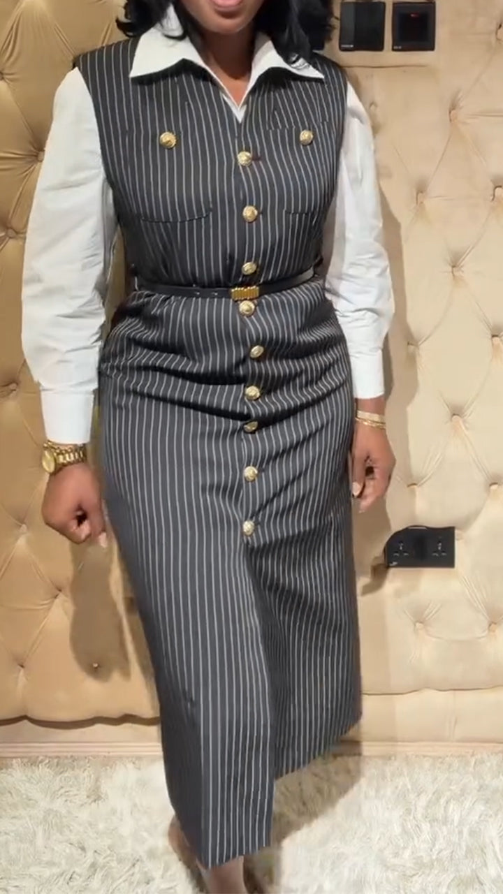 Women V-neck Sleeveless Breasted Vertical Stripe Elegant Temperament Dress