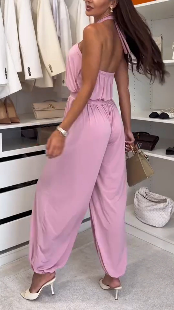 Women Hanging Neck Sleeveless Patchwork Solid Color Casual Jumpsuit