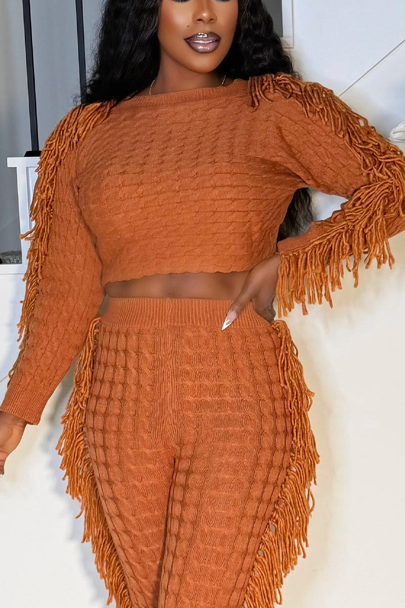 Women's Knit Two-Piece Outfit with Fringe Trim on Sleeves or Pants