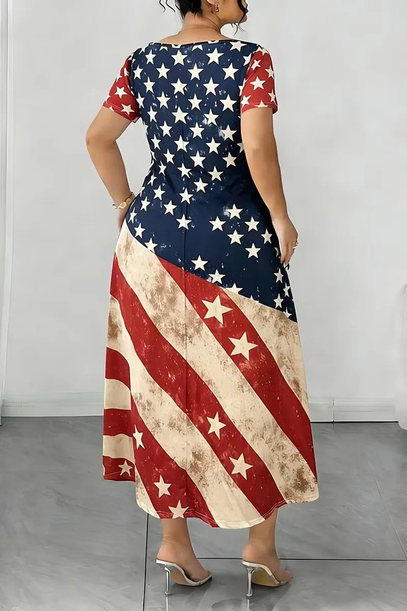 Women's Casual Vintage Distressed American Flag Print V Neck Short Sleeve Midi Dress