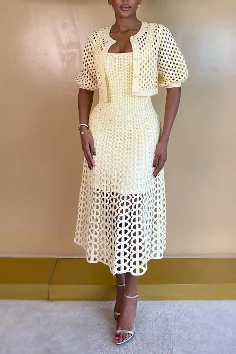 Women's Elegant Puff-Sleeve Cutout Cardigan Midi Dress 2-Piece Set