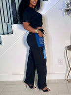 Women's Casual Black Crop Top or  Pants Set with Denim Rhinestone Patches